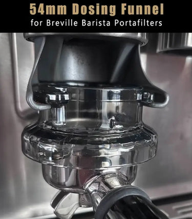 54mm Dosing Funnel for Breville Barista Portafilters on a metallic background